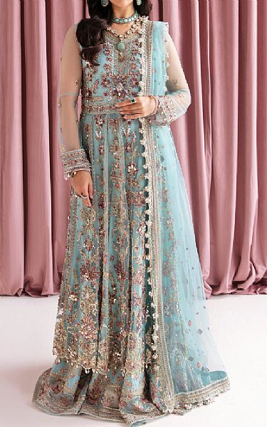 Fabiha Fatima Baby Blue Net Suit | Pakistani Embroidered Chiffon Dresses- Image 1