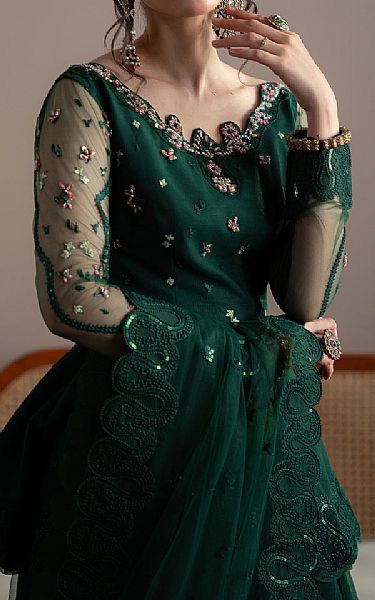 Fabiha Fatima Bottle Green Net Suit | Pakistani Embroidered Chiffon Dresses USA- Image 3