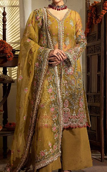Fabiha Fatima Lu__ Gold Organza Suit | Pakistani Embroidered Chiffon Dresses USA- Image 1