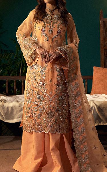 Fabiha Fatima Peach Organza Suit | Pakistani Embroidered Chiffon Dresses USA- Image 1