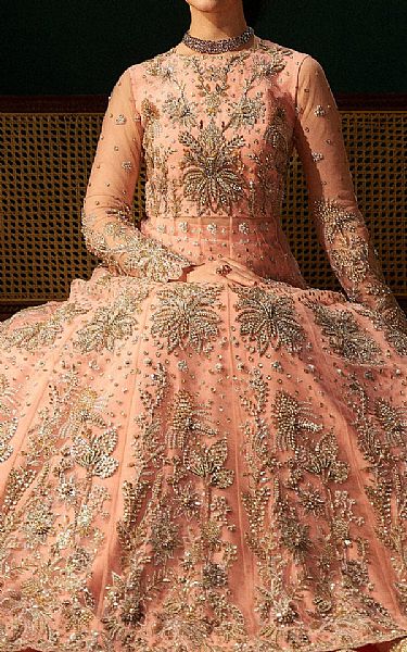 Fabiha Fatima Peach Net Suit | Pakistani Embroidered Chiffon Dresses USA- Image 3