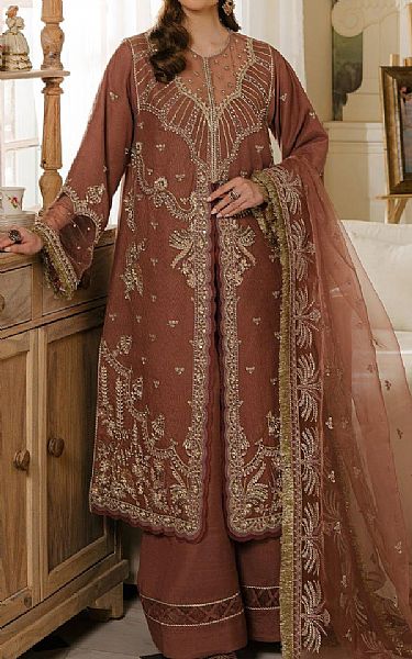 Fabiha Fatima Copper Rust Net Suit | Pakistani Embroidered Chiffon Dresses USA- Image 1