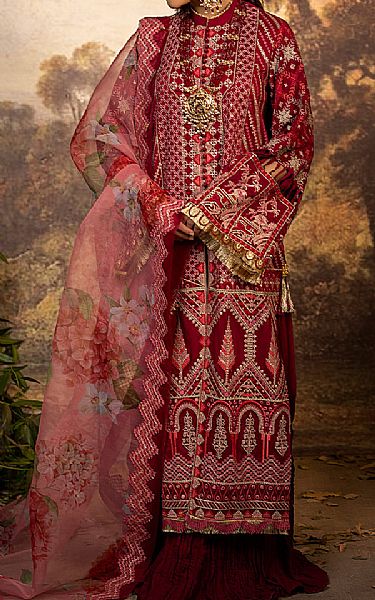 Faiza Faisal Maroon Silk Suit | Pakistani Embroidered Chiffon Dresses- Image 1