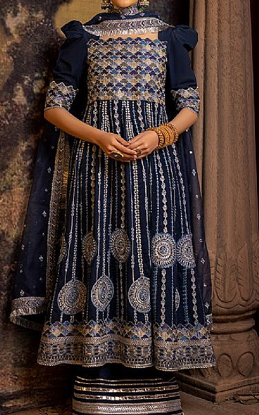 Faiza Faisal Midnight Blue Silk Suit | Pakistani Embroidered Chiffon Dresses- Image 1