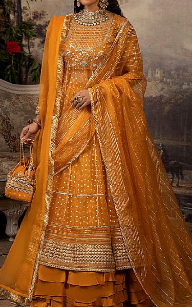 Faiza Faisal Safety Orange Organza Suit | Pakistani Embroidered Chiffon Dresses- Image 1