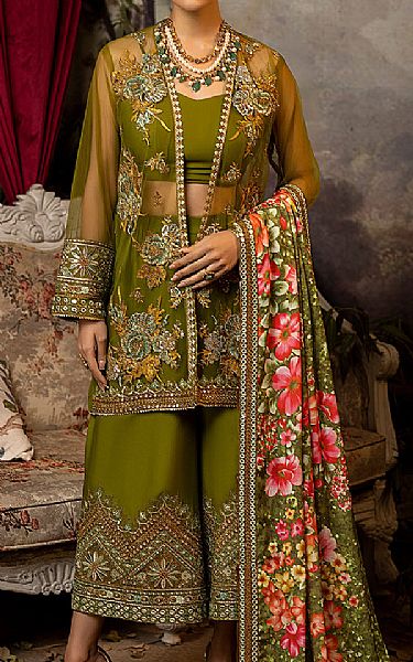 Faiza Faisal Olive Green Net Suit | Pakistani Embroidered Chiffon Dresses- Image 1