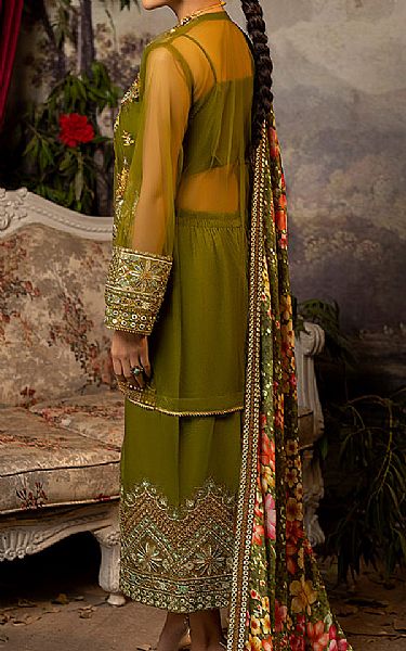 Faiza Faisal Olive Green Net Suit | Pakistani Embroidered Chiffon Dresses- Image 2