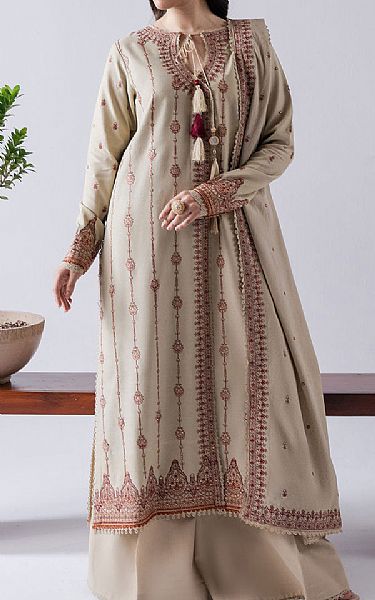 Faiza Faisal Beige Karandi Suit | Pakistani Winter Dresses in USA- Image 1
