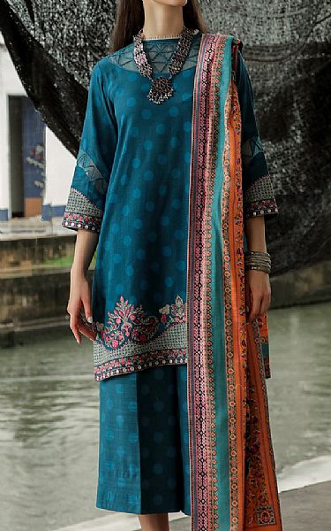 Teal Blue Dobby Suit | Faiza Faisal Pakistani Winter Dresses