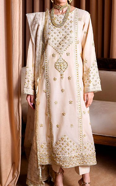 Faiza Faisal Ivory Fancy Cotton Suit | Pakistani Embroidered Chiffon Dresses USA- Image 1