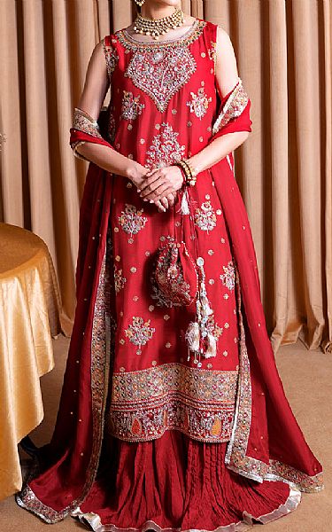 Faiza Faisal Scarlet Raw Silk Suit | Pakistani Embroidered Chiffon Dresses USA- Image 1