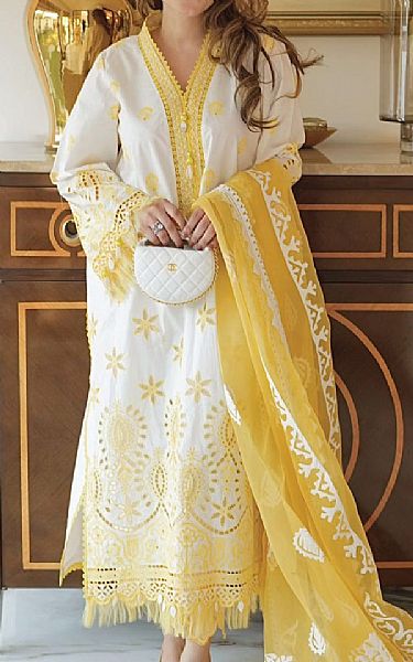Faiza Faisal White/Yellow Cotton Suit | Pakistani Lawn Suits- Image 1