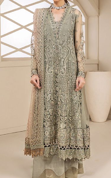 Farasha Pistachio Green Net Suit | Pakistani Embroidered Chiffon Dresses- Image 1