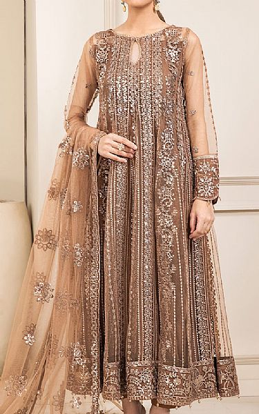 Farasha Taupe Brown Net Suit | Pakistani Embroidered Chiffon Dresses- Image 1