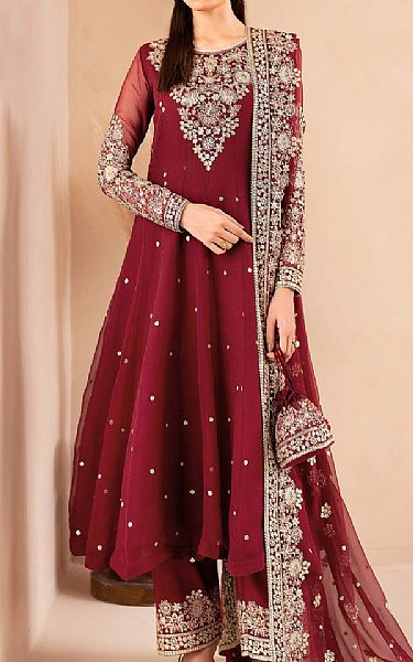 Farasha Wine Red Chiffon Suit | Pakistani Embroidered Chiffon Dresses USA- Image 1