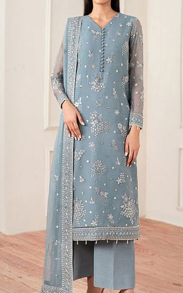 Farasha Cadet Blue Chiffon Suit | Pakistani Embroidered Chiffon Dresses USA- Image 1