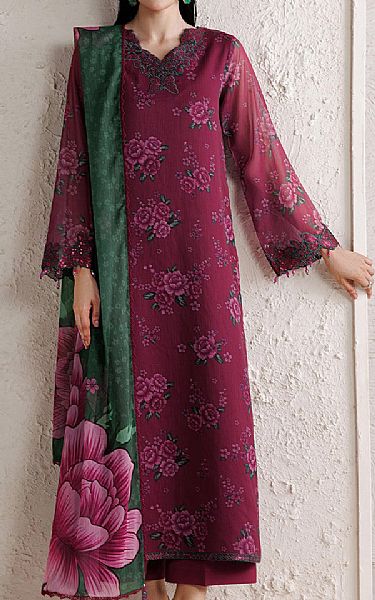 Farasha Wine Berry Chiffon Suit | Pakistani Embroidered Chiffon Dresses USA- Image 1