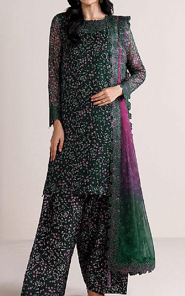 Farasha Dark Green Chiffon Suit | Pakistani Embroidered Chiffon Dresses USA- Image 1