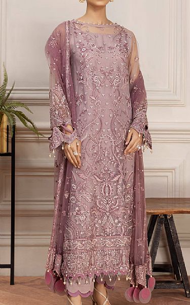 Farasha Lilac/Mauve Net Suit | Pakistani Embroidered Chiffon Dresses- Image 1