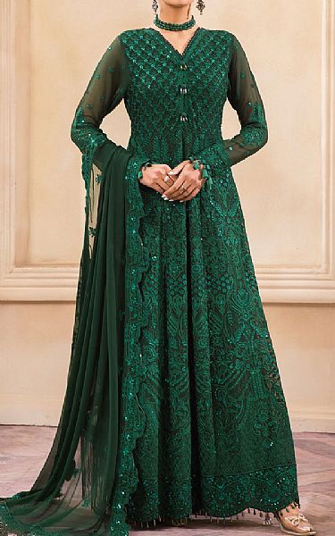 Farasha Bottle Green Chiffon Suit | Pakistani Embroidered Chiffon Dresses- Image 1