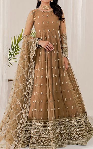 Farasha Bronze Net Suit | Pakistani Embroidered Chiffon Dresses- Image 1