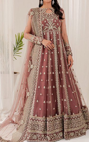 Farasha Tea Pink Net Suit | Pakistani Embroidered Chiffon Dresses- Image 1