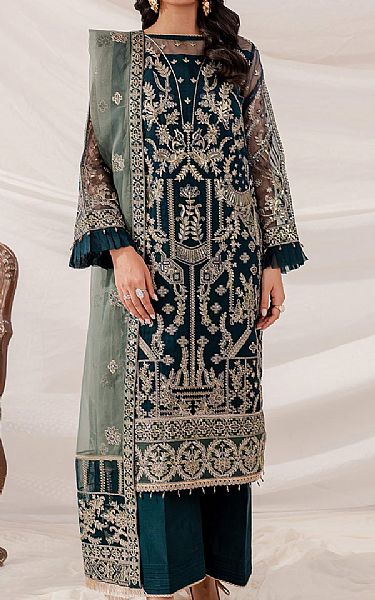 Farasha Teal Organza Suit | Pakistani Embroidered Chiffon Dresses- Image 1