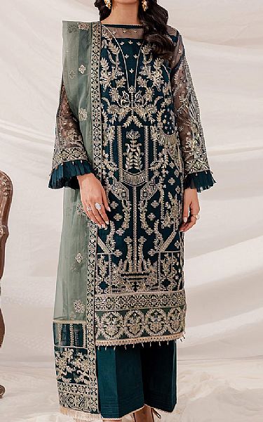 Farasha Teal Organza Suit | Pakistani Embroidered Chiffon Dresses USA- Image 1