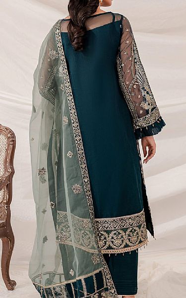 Farasha Teal Organza Suit | Pakistani Embroidered Chiffon Dresses- Image 2