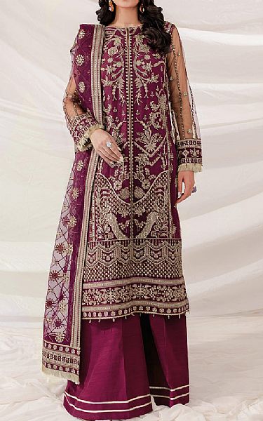 Farasha Egg Plant Net Suit | Pakistani Embroidered Chiffon Dresses- Image 1