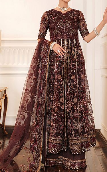 Farasha Brownish Red Net Suit | Pakistani Embroidered Chiffon Dresses USA- Image 1