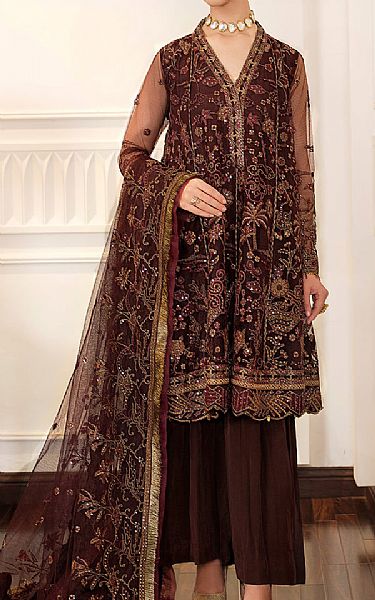 Farasha Brownish Red Net Suit | Pakistani Embroidered Chiffon Dresses- Image 1