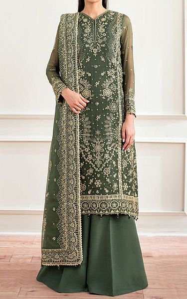 Farasha Moss Green Chiffon Suit | Pakistani Embroidered Chiffon Dresses USA- Image 1