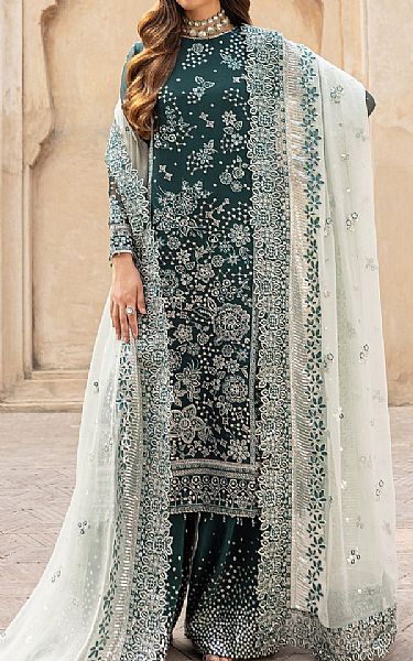 Farasha Teal Chiffon Suit | Pakistani Embroidered Chiffon Dresses USA- Image 1