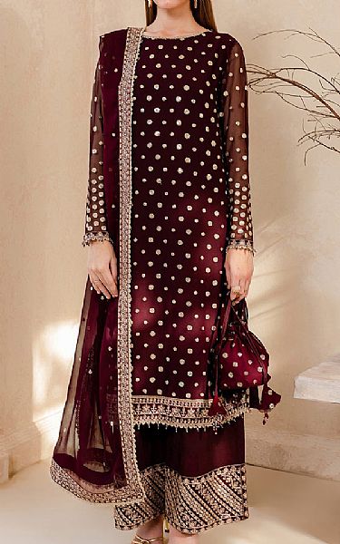Farasha Maroon Chiffon Suit | Pakistani Embroidered Chiffon Dresses- Image 1