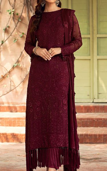 Farasha Deep Crimson Chiffon Suit | Pakistani Embroidered Chiffon Dresses- Image 1