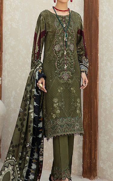 Farasha Olive Linen Suit | Pakistani Dresses in USA- Image 1