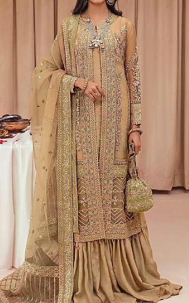 Tan Net Suit | Farasha Pakistani Chiffon Dresses