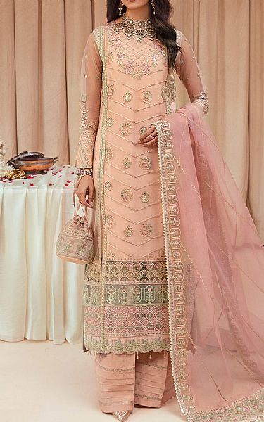 Peach Net Suit | Farasha Pakistani Chiffon Dresses