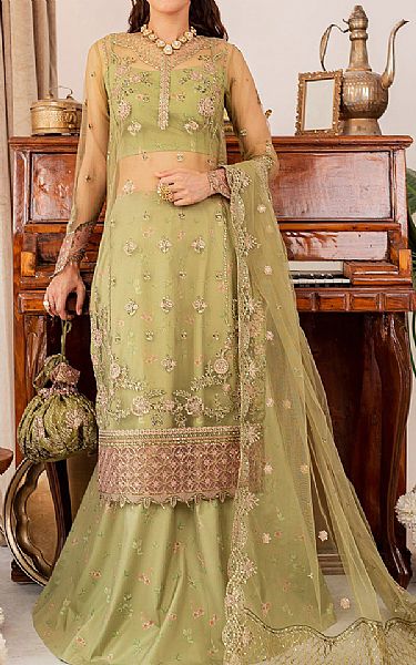 Farasha Apple Green Net Suit | Pakistani Embroidered Chiffon Dresses- Image 1