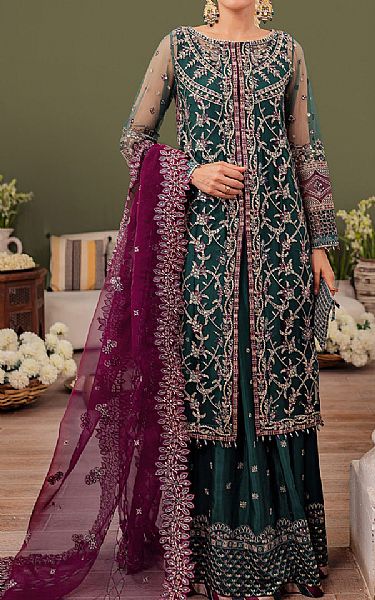 Farasha Bottle Green Net Suit | Pakistani Embroidered Chiffon Dresses- Image 1