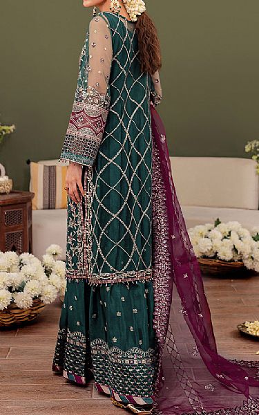 Farasha Bottle Green Net Suit | Pakistani Embroidered Chiffon Dresses- Image 2