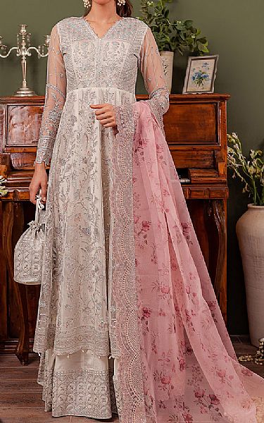 Farasha Off-white Net Suit | Pakistani Embroidered Chiffon Dresses- Image 1