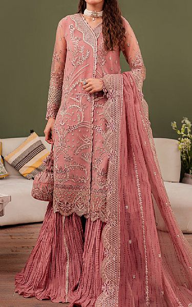 Farasha Tea Pink Net Suit | Pakistani Embroidered Chiffon Dresses- Image 1