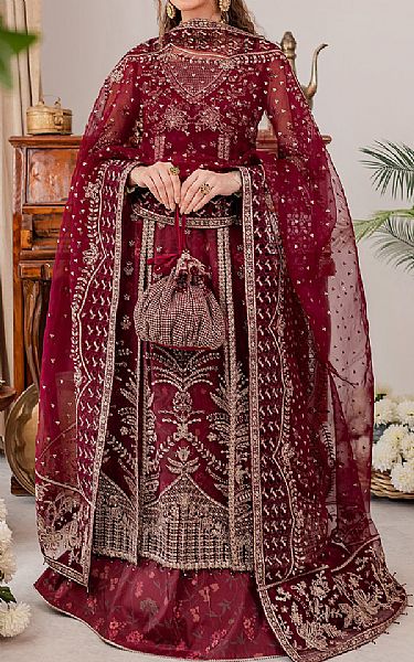 Farasha Crimson Net Suit | Pakistani Embroidered Chiffon Dresses- Image 1