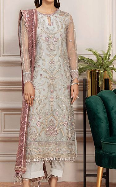 Farasha Light Grey Net Suit | Pakistani Embroidered Chiffon Dresses- Image 1