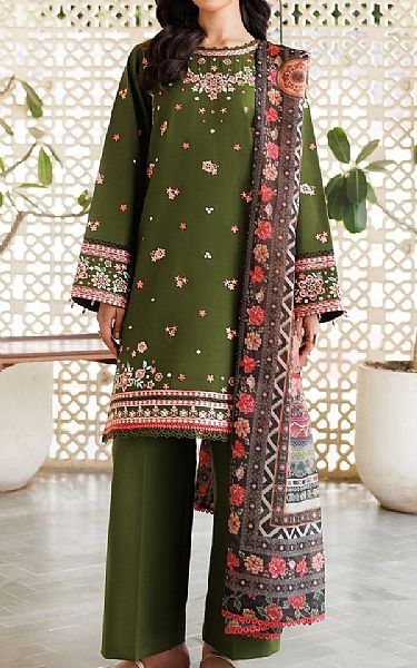 Farasha Olive Green Lawn Suit | Pakistani Lawn Dress in USA- Image 1