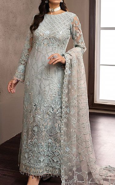 Flossie Silver Sand Net Suit | Pakistani Embroidered Chiffon Dresses- Image 1