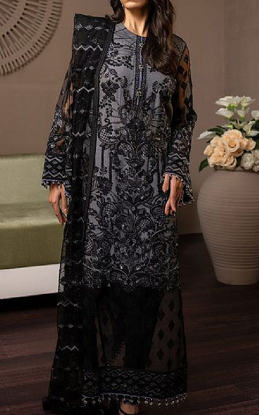 Flossie Dove Grey/Black Net Suit | Pakistani Embroidered Chiffon Dresses- Image 1