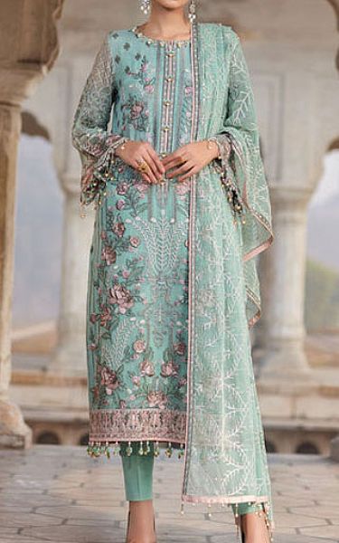 Flossie Turquoise Chiffon Suit | Pakistani Embroidered Chiffon Dresses USA- Image 1